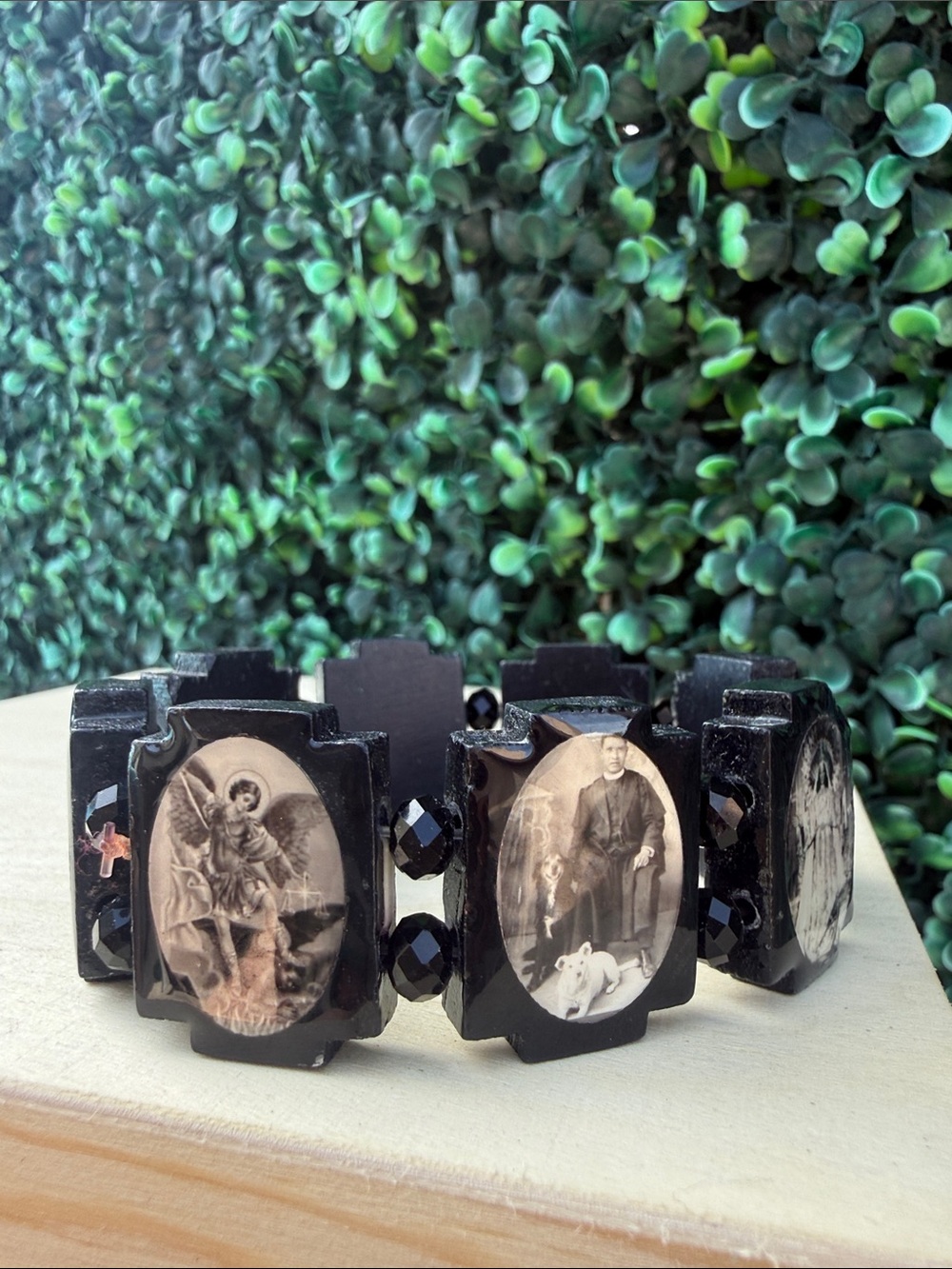 Vintage Black Mourning Religious Photo Panel Stretch Bracelet